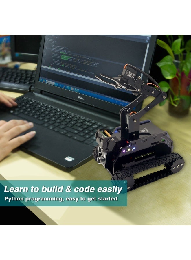 أديبت طقم سيارة روبوت ذكية بسلسلة معدنية مع ذراع روبوتية 4 درجات حرية لـ Raspberry Pi، منصة برمجة الذكاء الاصطناعي، تتبع رؤية الكمبيوتر OpenCV، التحكم عن بعد عبر WiFi، شحن USB-C، هيكل دبابة من الألومنيوم، نظام روبوتات STEM (Raspberry Pi غير متضمن) - Image 5