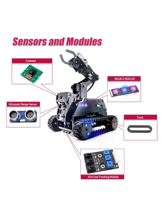 أديبت طقم سيارة روبوت ذكية بسلسلة معدنية مع ذراع روبوتية 4 درجات حرية لـ Raspberry Pi، منصة برمجة الذكاء الاصطناعي، تتبع رؤية الكمبيوتر OpenCV، التحكم عن بعد عبر WiFi، شحن USB-C، هيكل دبابة من الألومنيوم، نظام روبوتات STEM (Raspberry Pi غير متضمن) - Image 2