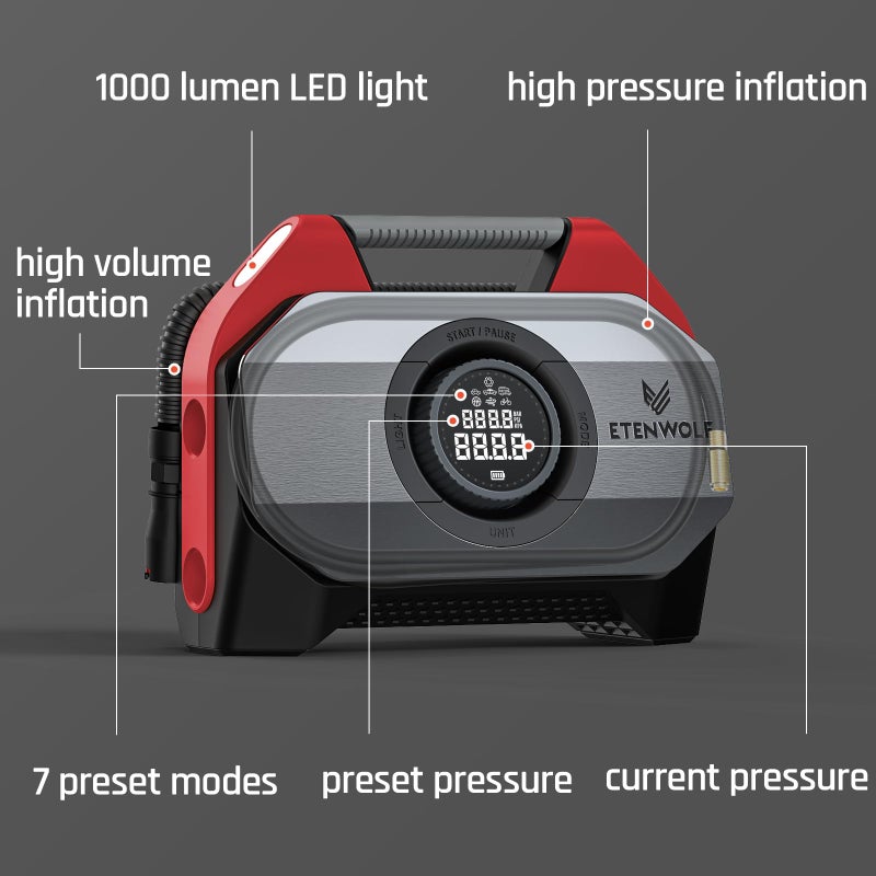 ETENWOLF VORTEX S6 Tire Inflator Portable Air Compressor for Heavy-duty Vehicle, Cordless Air Pump for Car & Inflatables with 19200 mAh Battery, 100% Duty Cycle & Dual Cylinder Bike Pump, Red - Image 2