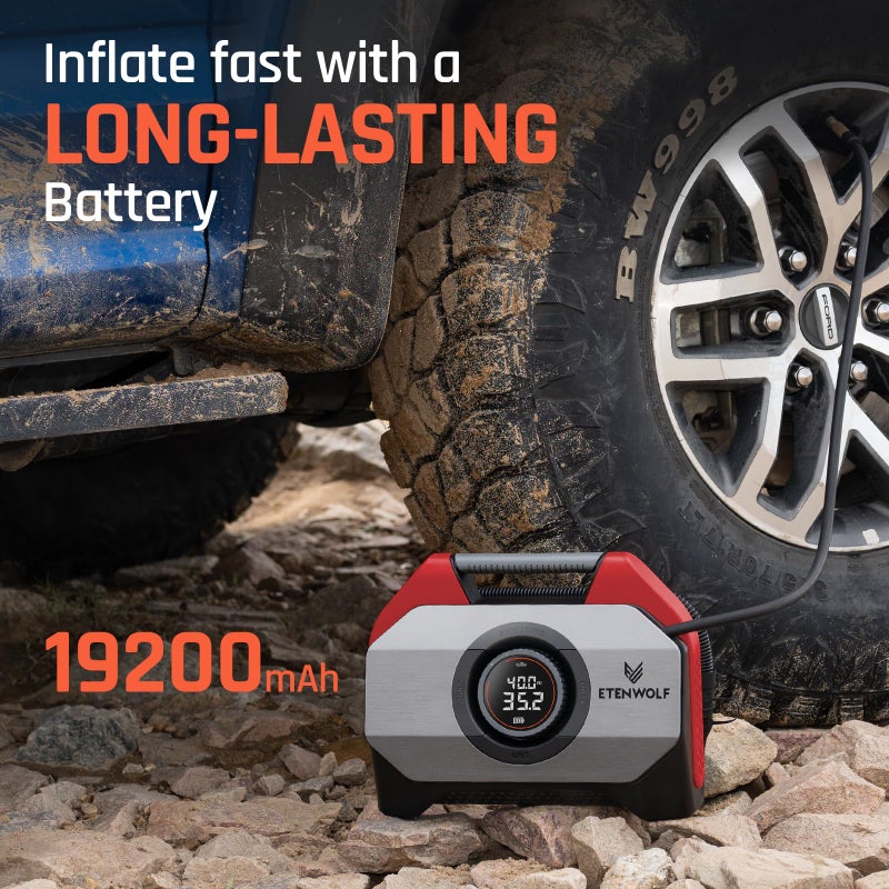 ETENWOLF VORTEX S6 Tire Inflator Portable Air Compressor for Heavy-duty Vehicle, Cordless Air Pump for Car & Inflatables with 19200 mAh Battery, 100% Duty Cycle & Dual Cylinder Bike Pump, Red - Image 3