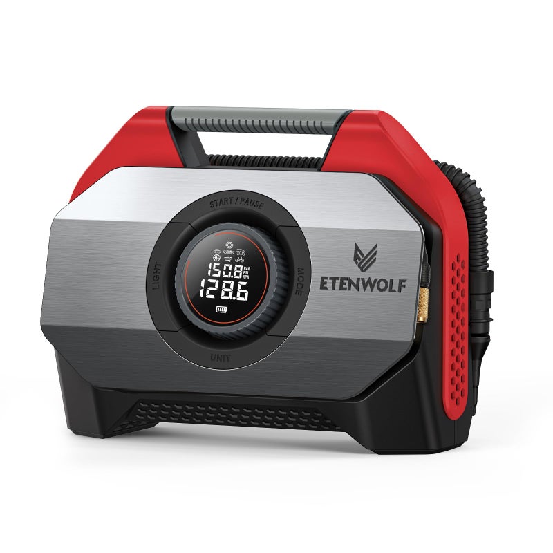 ETENWOLF VORTEX S6 Tire Inflator Portable Air Compressor for Heavy-duty Vehicle, Cordless Air Pump for Car & Inflatables with 19200 mAh Battery, 100% Duty Cycle & Dual Cylinder Bike Pump, Red - Image 1
