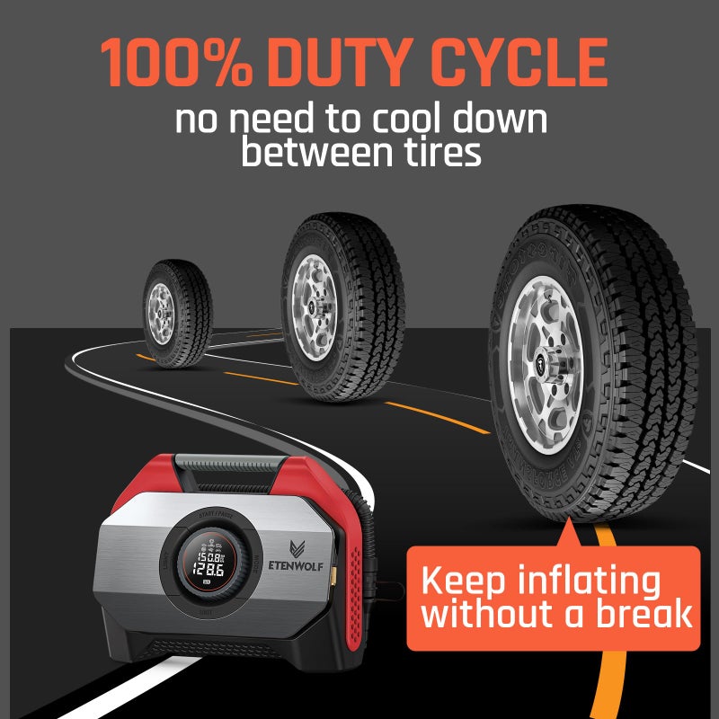 ETENWOLF VORTEX S6 Tire Inflator Portable Air Compressor for Heavy-duty Vehicle, Cordless Air Pump for Car & Inflatables with 19200 mAh Battery, 100% Duty Cycle & Dual Cylinder Bike Pump, Red - Image 4