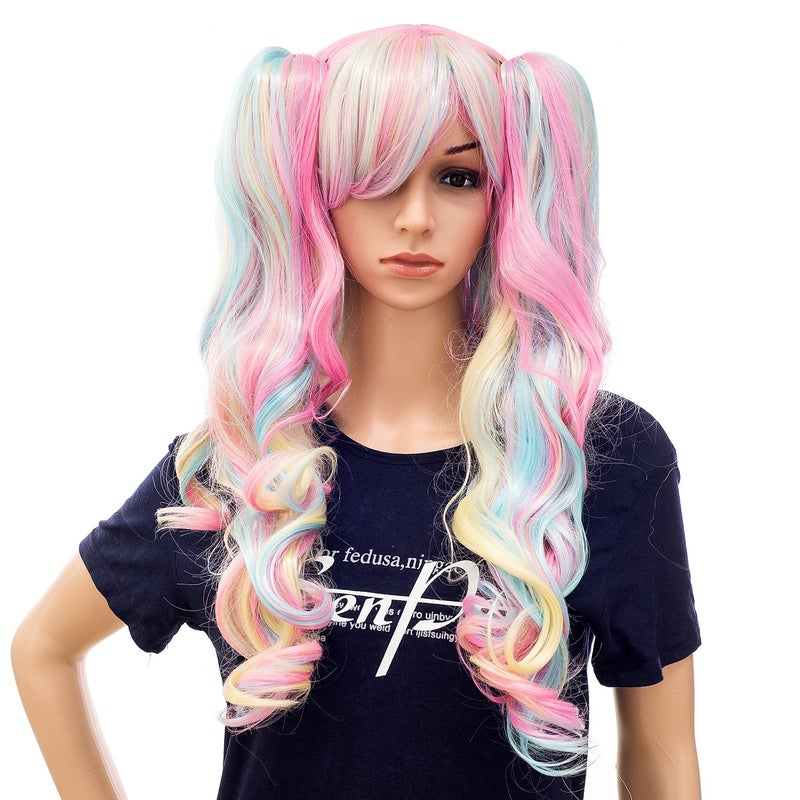 SWACC Long Curly Double Claw Clip on Ponytail Wig Synthetic Pastel Colorful Cosplay Daily Party Wig for Women with Wig Cap MultiColor PinkBlueBlonde3