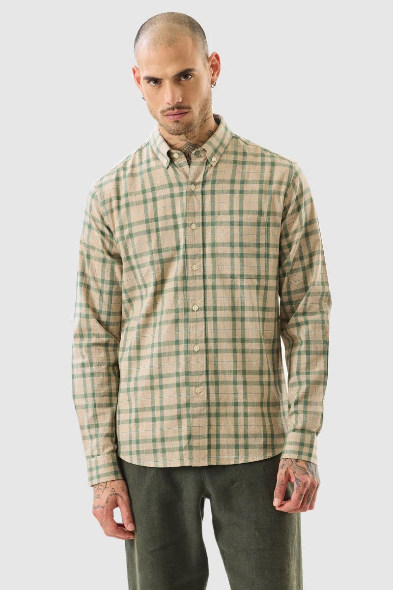 سنيتش Beige Checkered Long Sleeve Regular Fit Shirt
