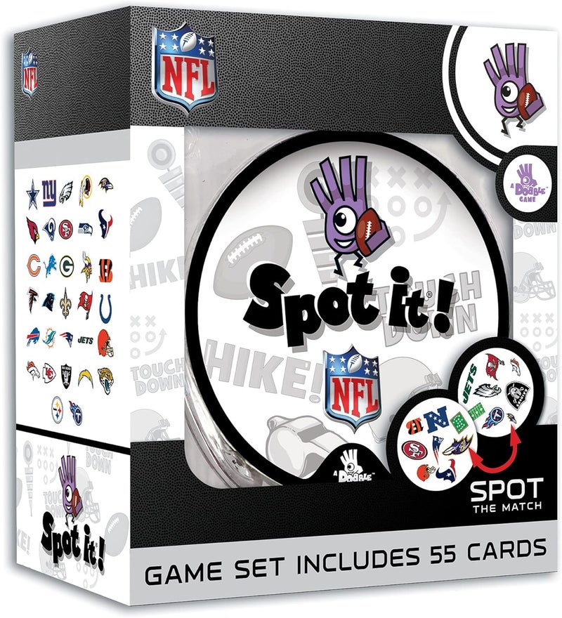 Master Pieces Spot It! NFL Edition Card Game – Fast-Paced Matching Game Featuring Official NFL Team Logos & Football Symbols – 55 Cards with 5 Mini Games – Family Party & Travel Game for Kids & Adults - Image 2