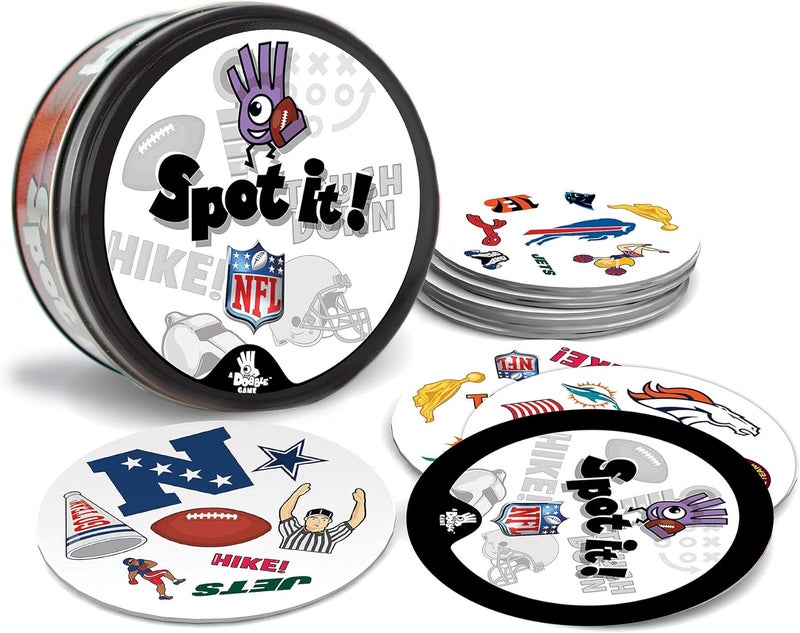Master Pieces Spot It! NFL Edition Card Game – Fast-Paced Matching Game Featuring Official NFL Team Logos & Football Symbols – 55 Cards with 5 Mini Games – Family Party & Travel Game for Kids & Adults - Image 3