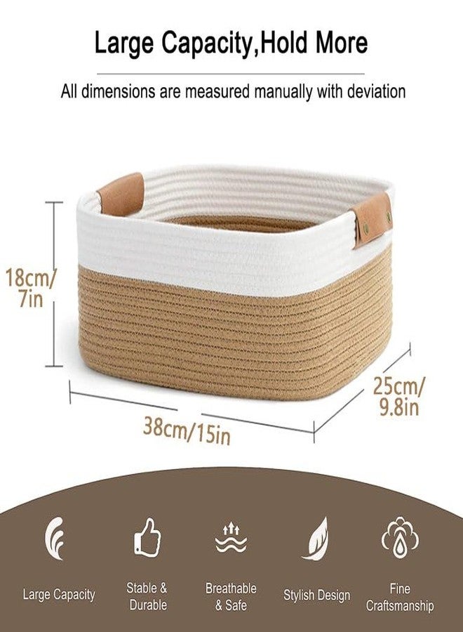 Vihs Royal Trend Rectangle Jute Rope Basket with Handles Woven Storage Organizer for Books, Toys, Magazines, Nursery & Living Room – 15″×9.8″×7″ Brown & White - Image 2