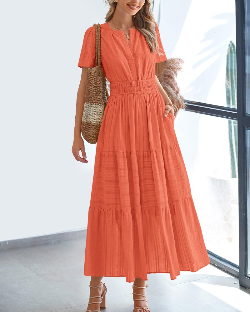 BTFBM Womens Summer 2026 Casual Midi Maxi Dresses Lightweight Short Sleeve V Neck Elastic Waist Boho Beach Dress Pockets(Orange, Small) - Image 2