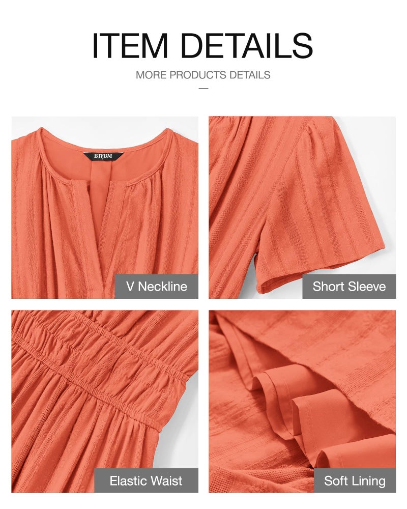 BTFBM Womens Summer 2026 Casual Midi Maxi Dresses Lightweight Short Sleeve V Neck Elastic Waist Boho Beach Dress Pockets(Orange, Small) - Image 4