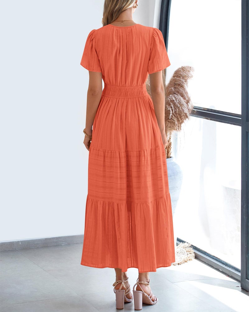 BTFBM Womens Summer 2026 Casual Midi Maxi Dresses Lightweight Short Sleeve V Neck Elastic Waist Boho Beach Dress Pockets(Orange, Small) - Image 3