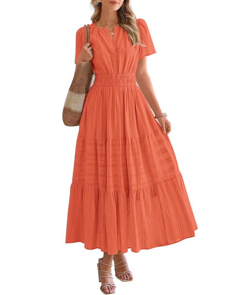 BTFBM Womens Summer 2026 Casual Midi Maxi Dresses Lightweight Short Sleeve V Neck Elastic Waist Boho Beach Dress Pockets(Orange, Small) - Image 1