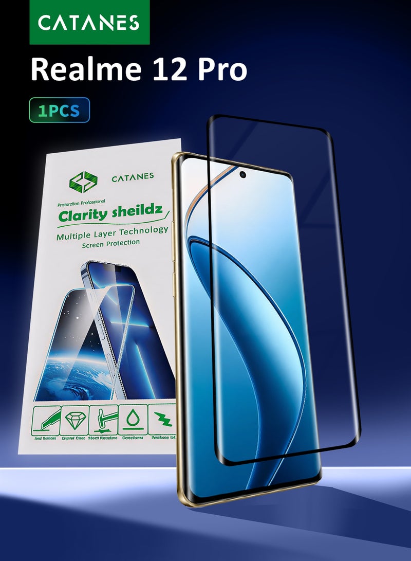 CATANES 3D Curved Tempered Glass Screen Protector for Realme 12 Pro – Full Coverage Premium Display Guard Film with Black Silk Edge Border, 9H Hardness, Anti-Scratch and Bubble-Free Clear Glass - Image 1