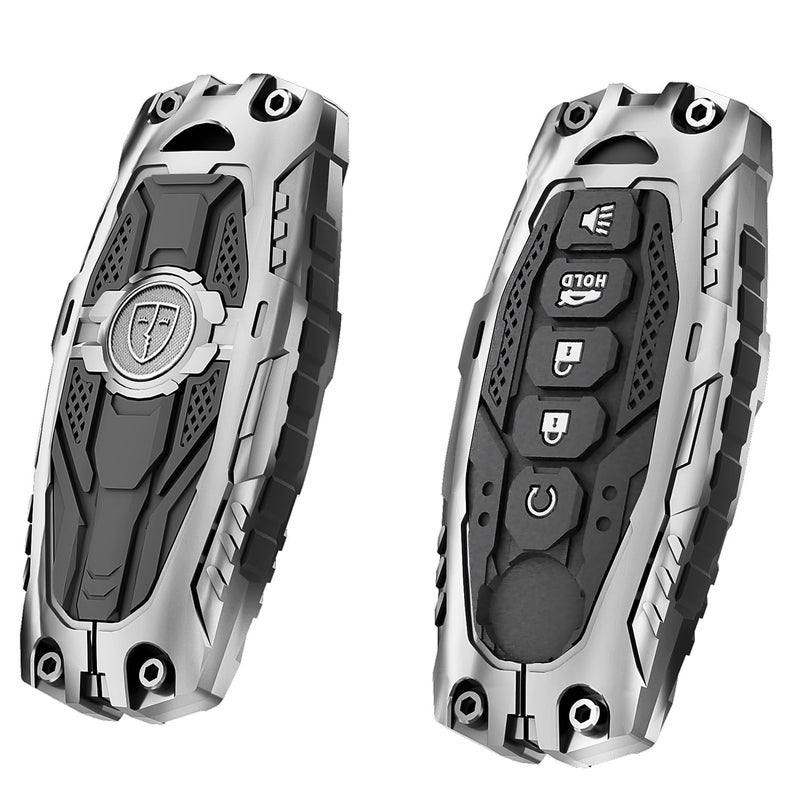 AYGUCEKE Heavy Duty Key Fob Cover for Nissan Altima Armada Maxima Murano Pathfinder Rogue Titan Armada Versa Sentra Zinc Alloy Keyless Entry Key Fob Case Protector with Keychain 5 Buttons (Silver) - Image 3