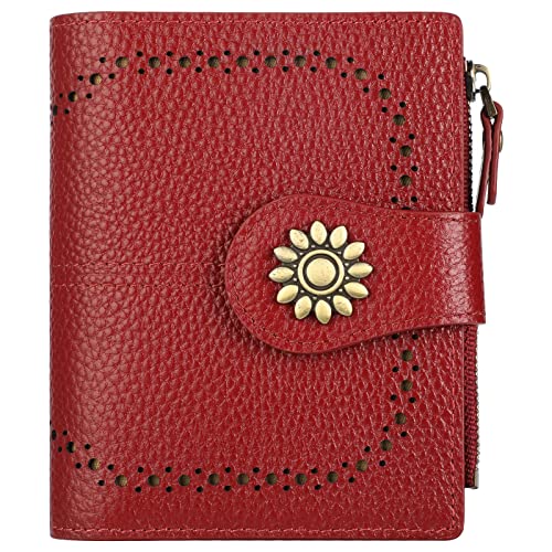 Lavemi Womens Leather Wallet Small Compact RFID Blocking Credit Card Case Purse with Zipper Pocket(Pebbled Dark Red) - Image 1