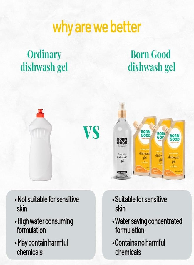 Born Good Plant Based Dishwash Gel Concentrate | Suitable for kids cutlery | Removes Grease & Heavy Oils | Gentle on hands | Kit of 3 x 100ml Refills and 1 x Forever Bottle | Makes 1.5 Litre - Image 3