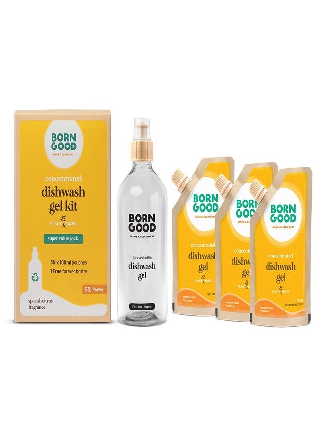 Born Good Plant Based Dishwash Gel Concentrate | Suitable for kids cutlery | Removes Grease & Heavy Oils | Gentle on hands | Kit of 3 x 100ml Refills and 1 x Forever Bottle | Makes 1.5 Litre - Image 1