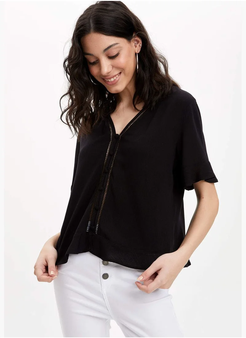 DeFacto V-Neck  Short Sleeve Blouse With Lace Detail