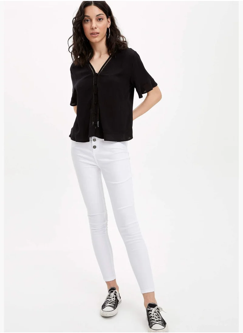 DeFacto V-Neck  Short Sleeve Blouse With Lace Detail