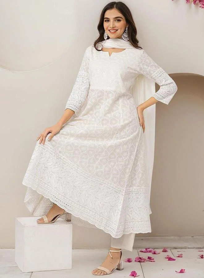 آي شين طقم كورتا وبنطال مع شال بلون أوف وايت بخامة القطن