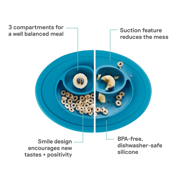 ezpz Mini Mat (Blue) - 6 -12 Months+ - 100% Silicone Suction Placemat + Divided Plate with Three Compartments - Supports Baby-Led Weaning - Designed for Highchair, Table, and Travel - Image 2
