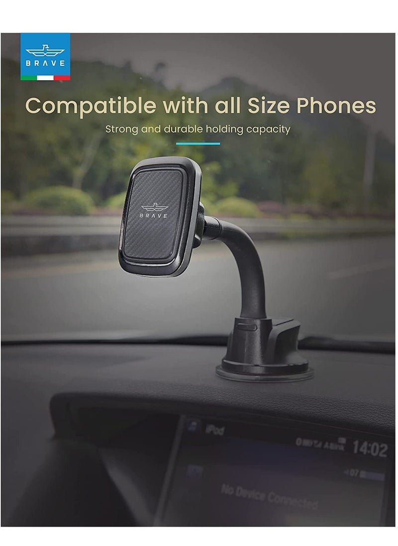 Brave BRAVE Magnetic Windshield and Dashboard Car Mount Phone Holder 360 Degree Rotatable Desk Stand Cradle Bendable Adjustable Arm - Grey/Black  - Image 2