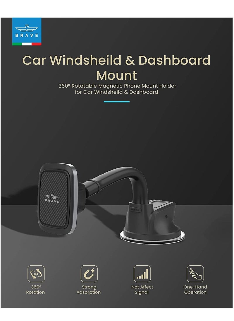 Brave BRAVE Magnetic Windshield and Dashboard Car Mount Phone Holder 360 Degree Rotatable Desk Stand Cradle Bendable Adjustable Arm - Grey/Black  - Image 3