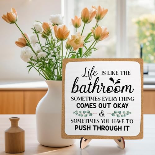 DMADNF Bathroom Plaque Sign Decor, Funny Wooden Desk Plaque with Life is Like The Bathroom Sign Desk Decor,Rustic Farmhouse Shelf Sign for Toilet or Home Decoration 5.9x5.9 Inch (White-1) - Image 5
