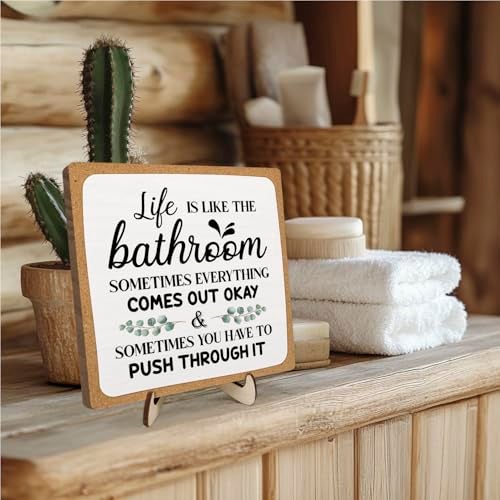 DMADNF Bathroom Plaque Sign Decor, Funny Wooden Desk Plaque with Life is Like The Bathroom Sign Desk Decor,Rustic Farmhouse Shelf Sign for Toilet or Home Decoration 5.9x5.9 Inch (White-1) - Image 3