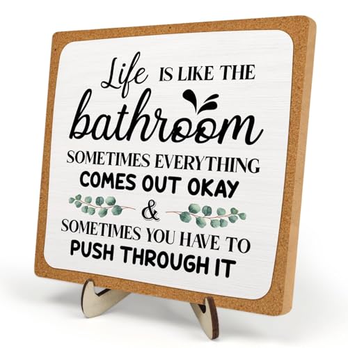 DMADNF Bathroom Plaque Sign Decor, Funny Wooden Desk Plaque with Life is Like The Bathroom Sign Desk Decor,Rustic Farmhouse Shelf Sign for Toilet or Home Decoration 5.9x5.9 Inch (White-1) - Image 1
