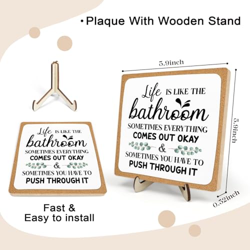 DMADNF Bathroom Plaque Sign Decor, Funny Wooden Desk Plaque with Life is Like The Bathroom Sign Desk Decor,Rustic Farmhouse Shelf Sign for Toilet or Home Decoration 5.9x5.9 Inch (White-1) - Image 2