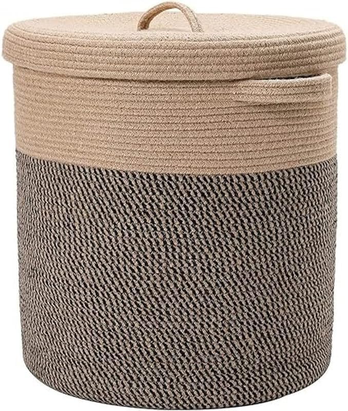 JUTEIFY Juteify 12 x 12 x 14 Large Storage Basket with Lid Cotton Rope Storage Baskets Laundry Hamper Blankets Pillows Storage in Living Room Baby Nursery Basket With top Cover Beige Black  - Image 1
