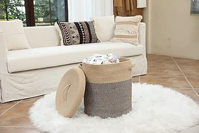 JUTEIFY Juteify 12 x 12 x 14 Large Storage Basket with Lid Cotton Rope Storage Baskets Laundry Hamper Blankets Pillows Storage in Living Room Baby Nursery Basket With top Cover Beige Black  - Image 2