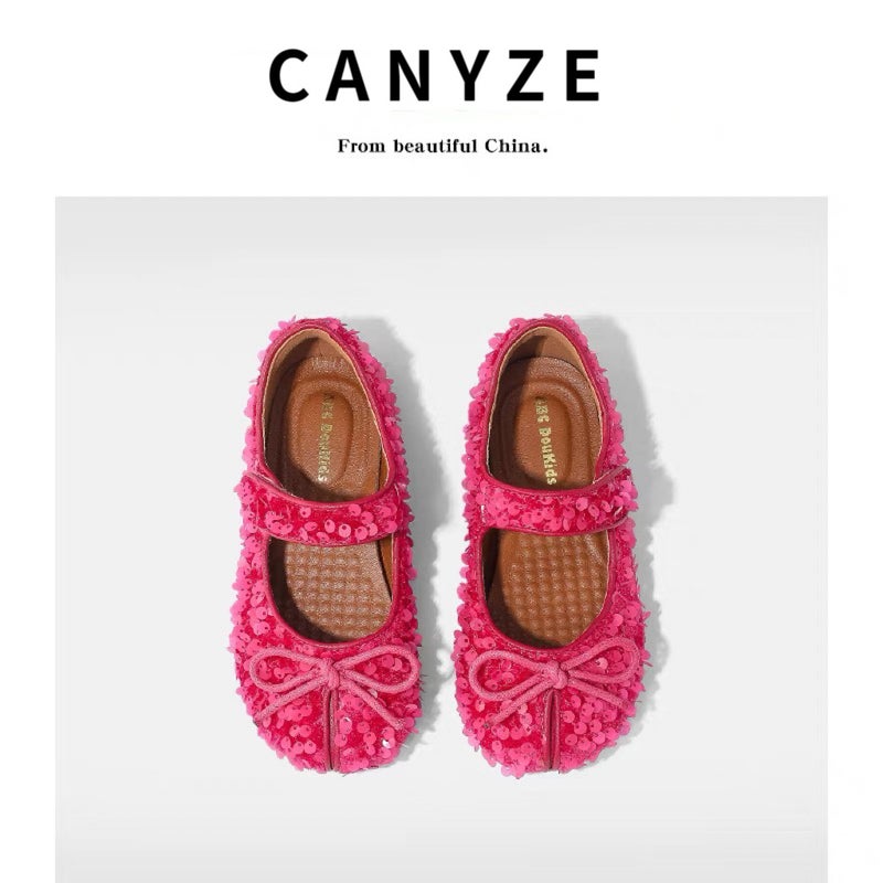 Canyze Girls Princess Shoes 2025 Spring New Children Sparkling Sequins Soft Sole Shoes Bow Leather Shoes - Image 1