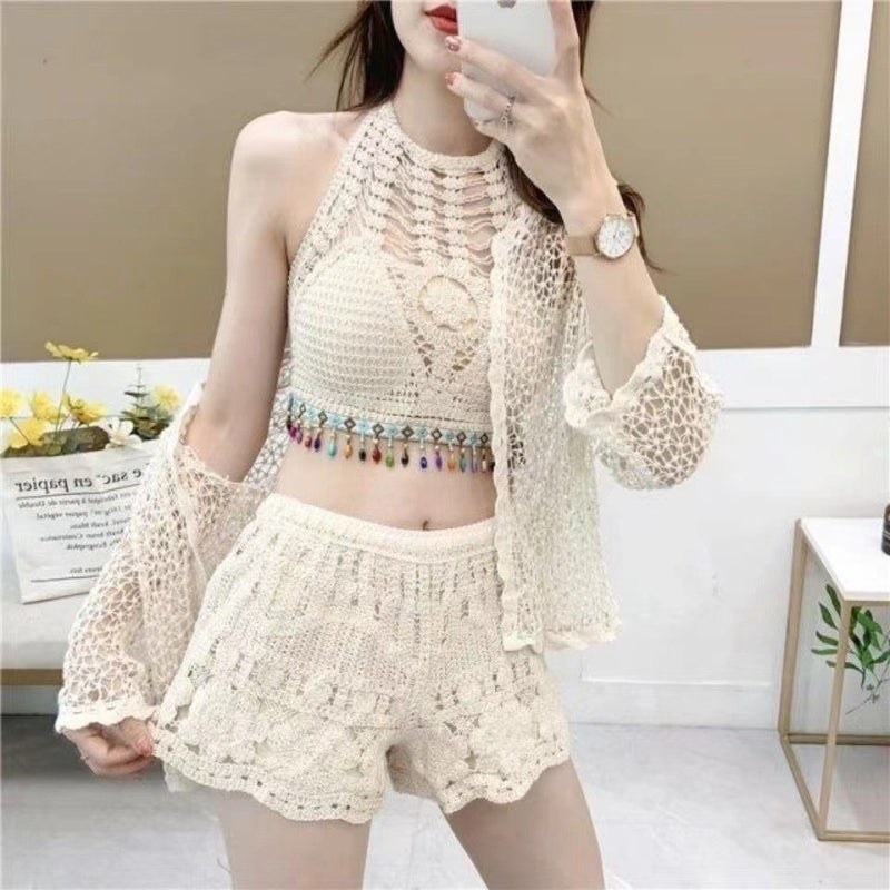 Bohemian Style Embroideryknit Womens Casual Holiday Beach Sun Protection Suit Cooling Comfort Vacation Skirt Set White Vest  - Image 2
