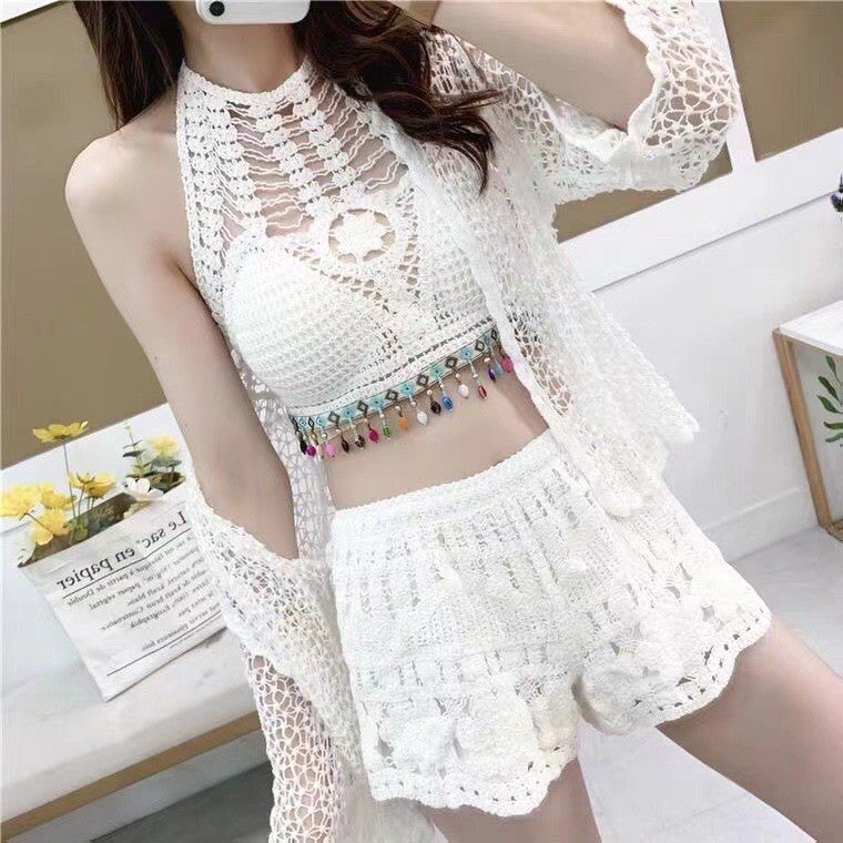 Bohemian Style Embroideryknit Womens Casual Holiday Beach Sun Protection Suit Cooling Comfort Vacation Skirt Set White Vest  - Image 3