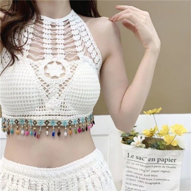 Bohemian Style Embroideryknit Womens Casual Holiday Beach Sun Protection Suit Cooling Comfort Vacation Skirt Set White Vest  - Image 1
