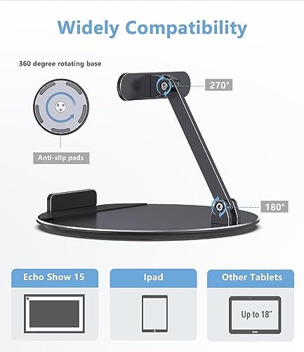 Almoz Swivel and Tilt Stand for Echo Show 15, Aluminum Stand for Show 15.6" Smart Display and Up to 18" iPad/Tablets, with 360 Degree Rotating Base, Viewing Angle Adjustable, No Need Mounting (Black) - Image 2