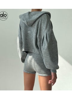 alo alo knit zipper hooded cardigan hoodie V-neck triangle cup corset high-waisted tight shorts casual three-piece set  - Image 2