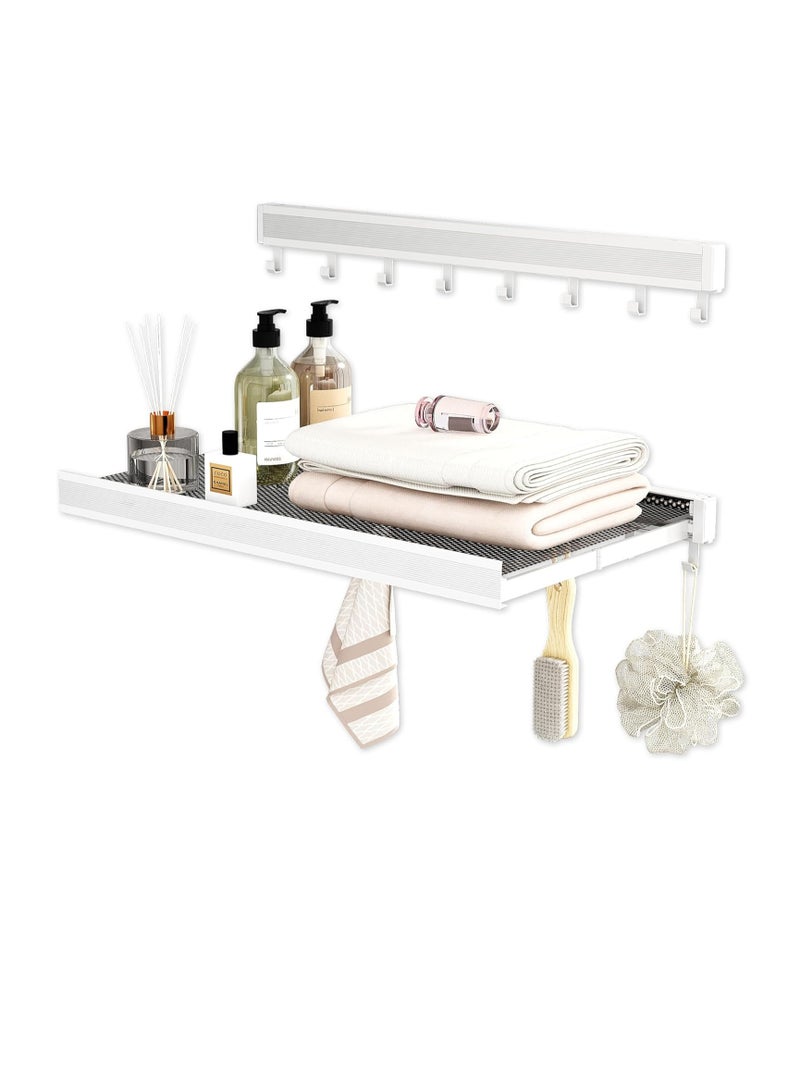 CityRiya-Long Wall Mounted Clothes Drying Rack,Laundry Drying Rack Collapsible,with Net Retractable Foldable Clothes Drying Rack Laundry Drying Rack Lay Flat to Dry Thickened Aluminum Collapsible Rack for Shoes Socks Underwear No Punching Required,60cm Wide Space Aluminum Foldable Hanging Coat Rack With 8 Towel Hooks(white) - Image 1