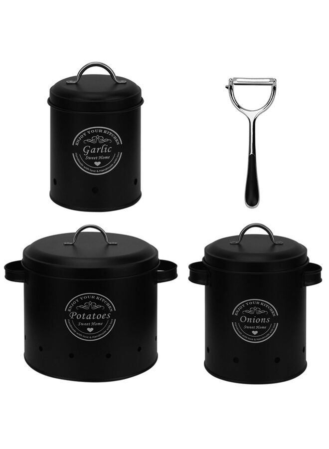 حاوية تخزين طعام بأغطية محكمة الإغلاق للخضراوات والبطاطس والبصل والثوم، مجموعة من 3 قطع، كبيرة (اللون: أسود) - Image 1