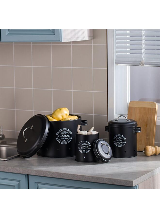 حاوية تخزين طعام بأغطية محكمة الإغلاق للخضراوات والبطاطس والبصل والثوم، مجموعة من 3 قطع، كبيرة (اللون: أسود) - Image 2