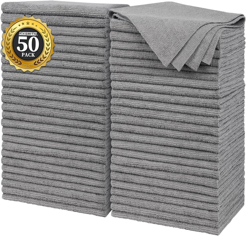 FIXSMITH Grey Microfiber Cleaning Cloth - Pack of 50, 16"x12" Reusable Towels for Housekeeping and Kitchen - Image 1