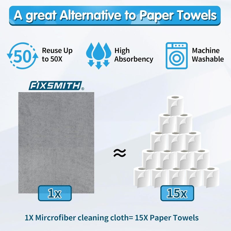 FIXSMITH Grey Microfiber Cleaning Cloth - Pack of 50, 16"x12" Reusable Towels for Housekeeping and Kitchen - Image 4