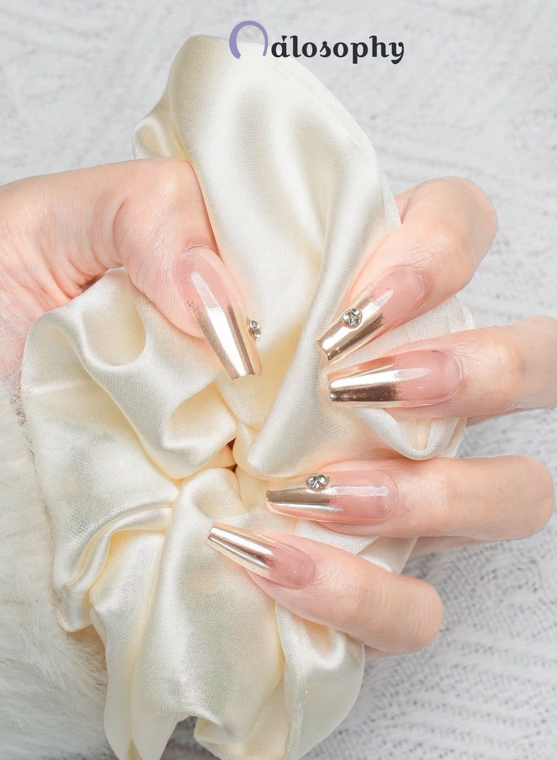 Nailosophy 10 Pcs Handmade Gel Press On Nails Coffin Long Nude Pink Gold Chrome French Tip Reusable False Nails Nail Kit for Women Party Wedding Eid Special Occasions - Image 2