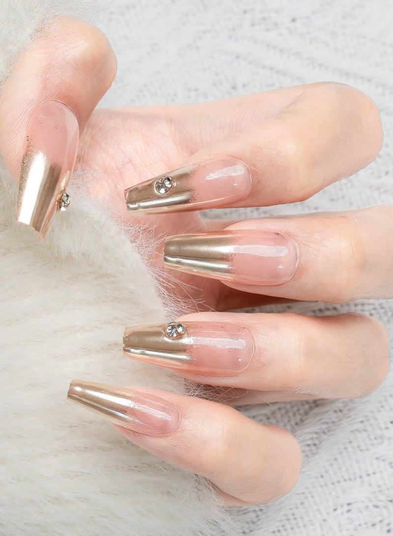Nailosophy 10 Pcs Handmade Gel Press On Nails Coffin Long Nude Pink Gold Chrome French Tip Reusable False Nails Nail Kit for Women Party Wedding Eid Special Occasions - Image 1