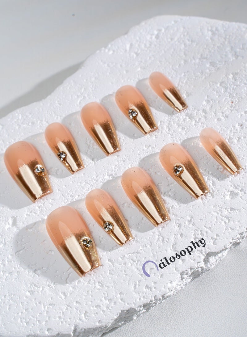Nailosophy 10 Pcs Handmade Gel Press On Nails Coffin Long Nude Pink Gold Chrome French Tip Reusable False Nails Nail Kit for Women Party Wedding Eid Special Occasions - Image 3