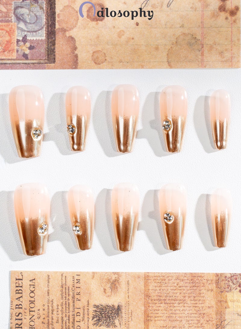 Nailosophy 10 Pcs Handmade Gel Press On Nails Coffin Long Nude Pink Gold Chrome French Tip Reusable False Nails Nail Kit for Women Party Wedding Eid Special Occasions - Image 4