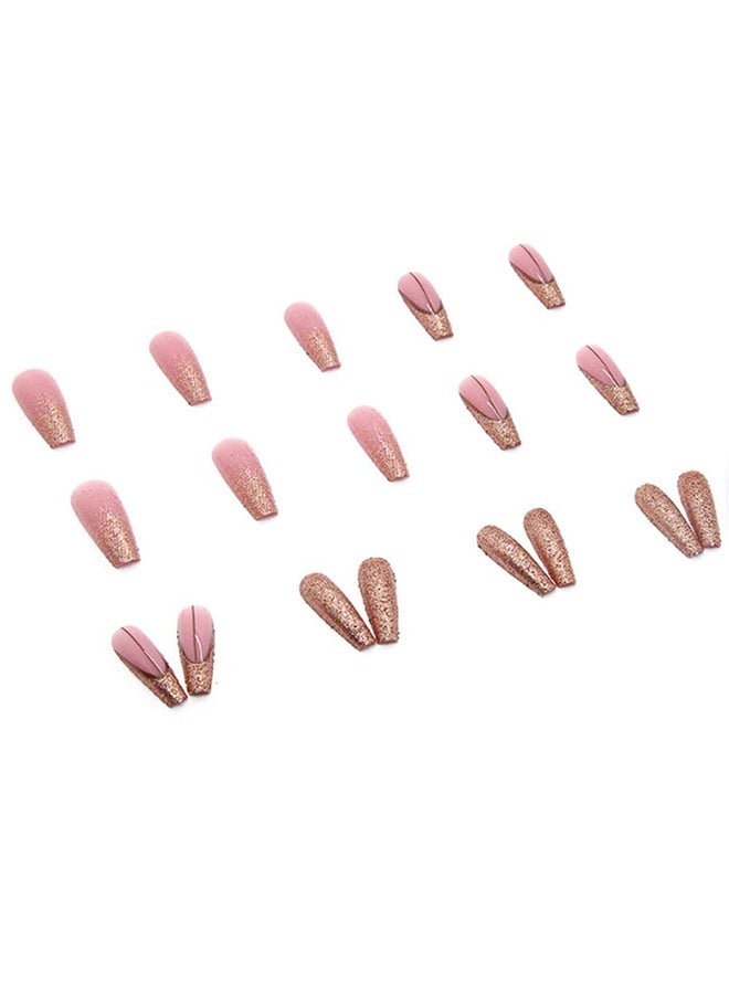 Long Luxury False Nails Tips - Coffin Press on Nails Acrylics Full Cover Pink French Fake Nails Galaxy Nails Tips for Women and Girls 24Pcs - Image 2