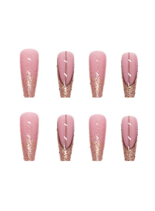 Long Luxury False Nails Tips - Coffin Press on Nails Acrylics Full Cover Pink French Fake Nails Galaxy Nails Tips for Women and Girls 24Pcs - Image 5