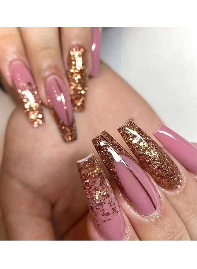 Long Luxury False Nails Tips - Coffin Press on Nails Acrylics Full Cover Pink French Fake Nails Galaxy Nails Tips for Women and Girls 24Pcs - Image 1